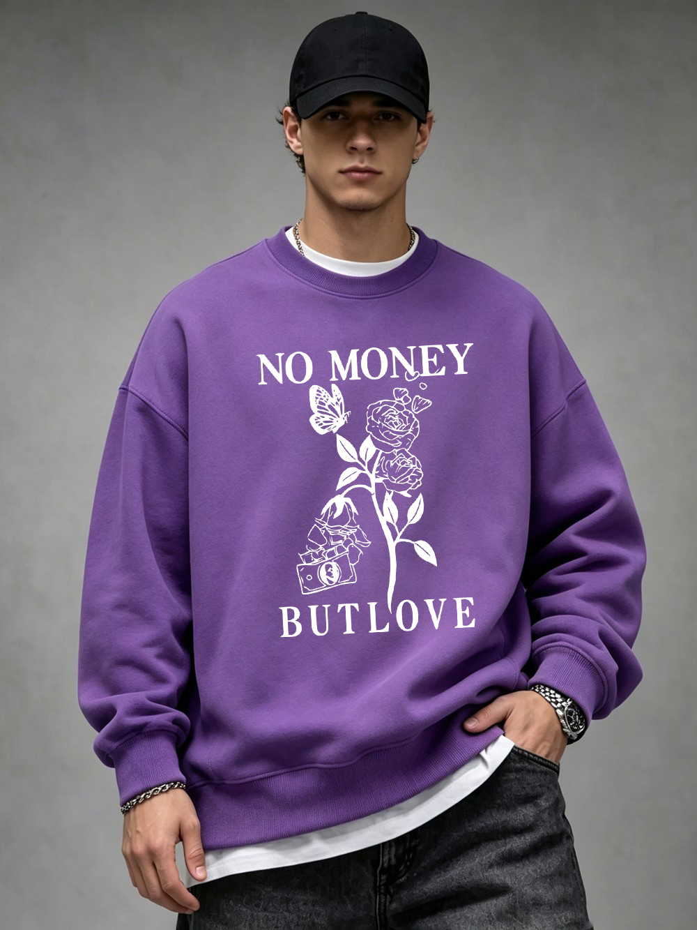Oversized Crewneck Fleece - Kein Geld, aber Liebe bedruckte Herren-Hoodies,