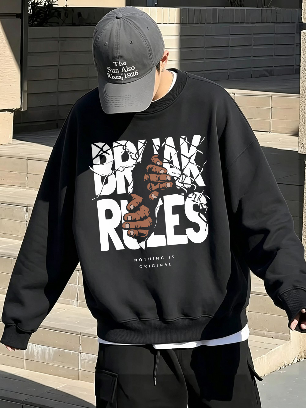 Oversized Crewneck Fleece - Break Rules Bedruckte Herren-Sweatshirts Winter Übergroße