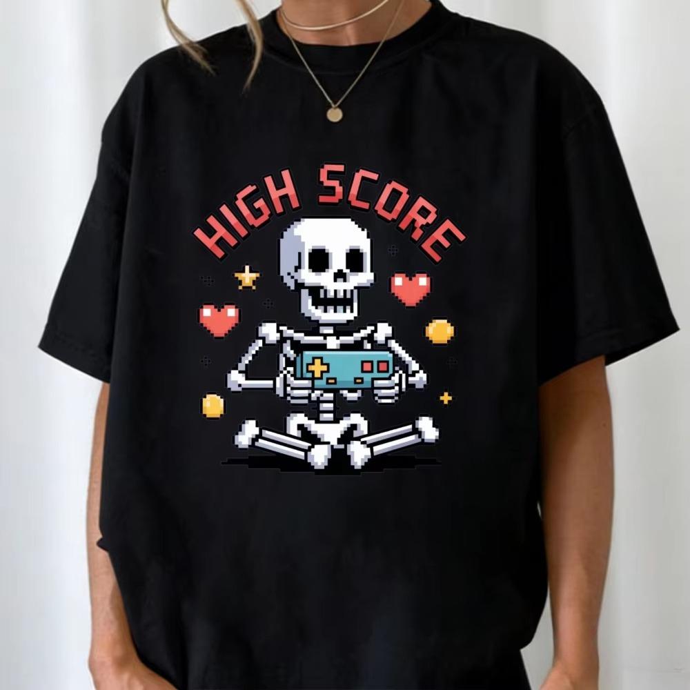 Street Fashion Videos - High-Score-Pixel-Skelett-T-Shirt Retro-Gamer Videospiel Männer Frauen Streetwear-Shirt